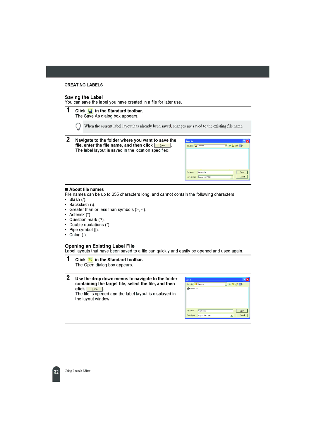 Pitney Bowes LPS-1 manual Saving the Label, Opening an Existing Label File 