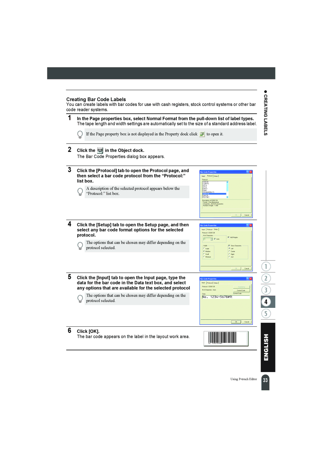 Pitney Bowes LPS-1 manual Creating Bar Code Labels, Click the in the Object dock, Bar Code Properties dialog box appears 