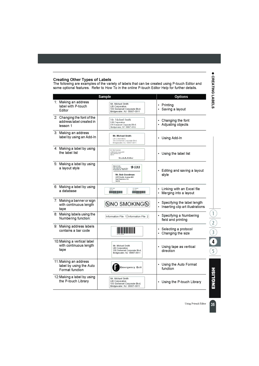 Pitney Bowes LPS-1 manual Creating Other Types of Labels, Sample Options 