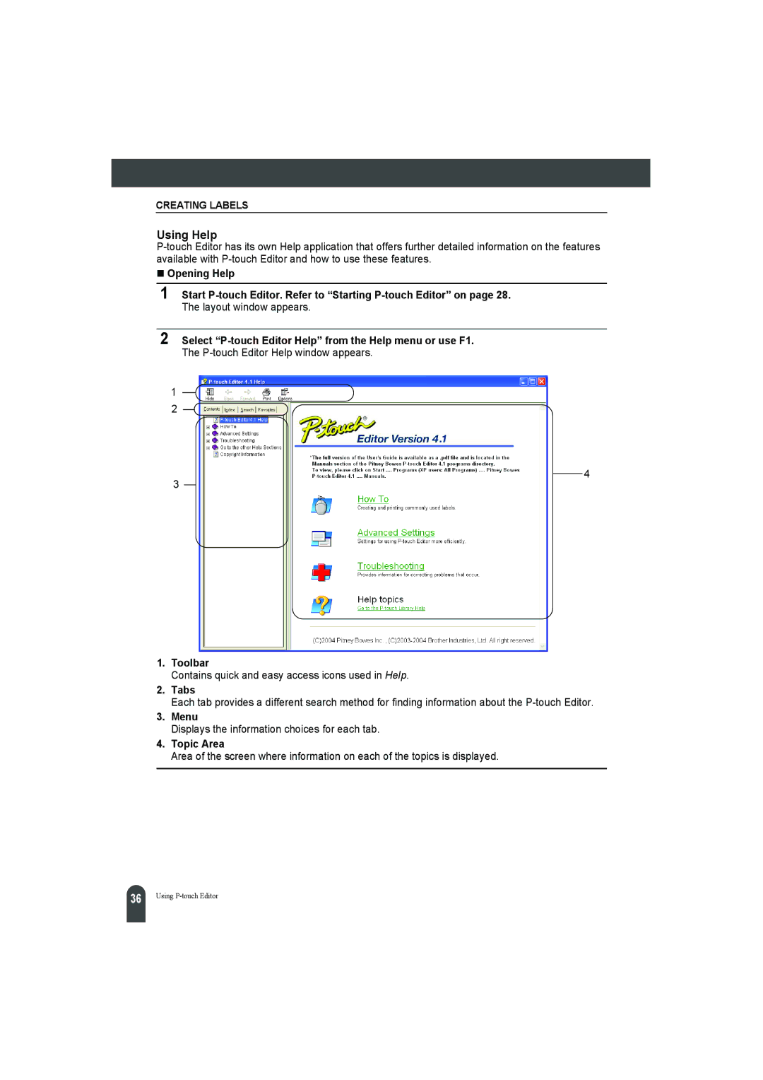 Pitney Bowes LPS-1 manual Using Help, Tabs, Menu, Topic Area 