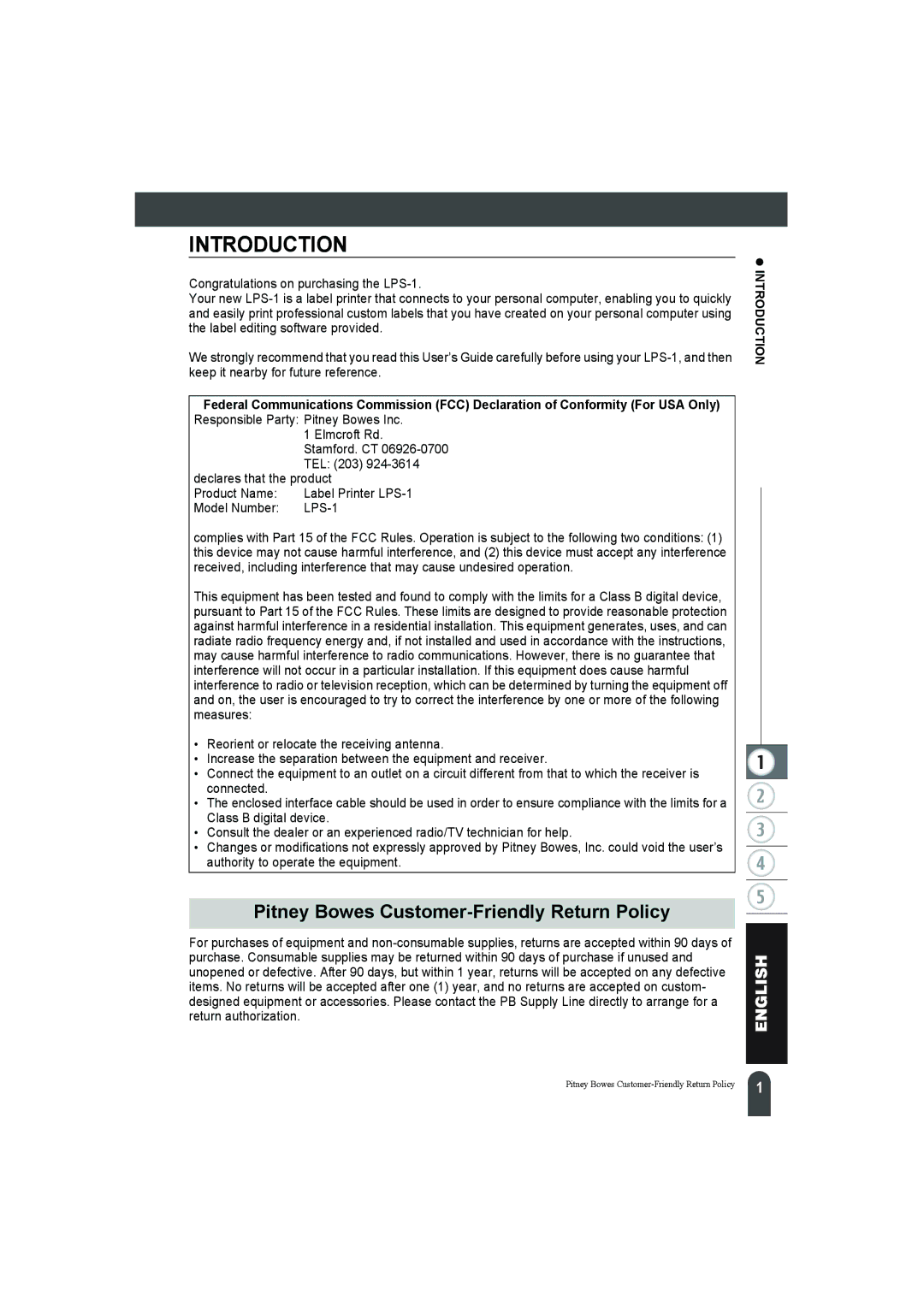 Pitney Bowes LPS-1 manual Pitney Bowes Customer-Friendly Return Policy, Introduction 