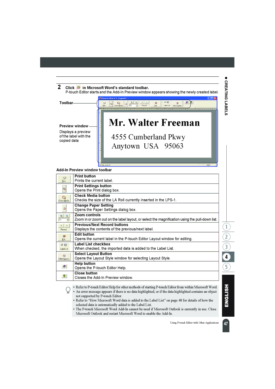 Pitney Bowes LPS-1 Click in Microsoft Word’s standard toolbar, Toolbar Preview window, Print Settings button, Edit button 