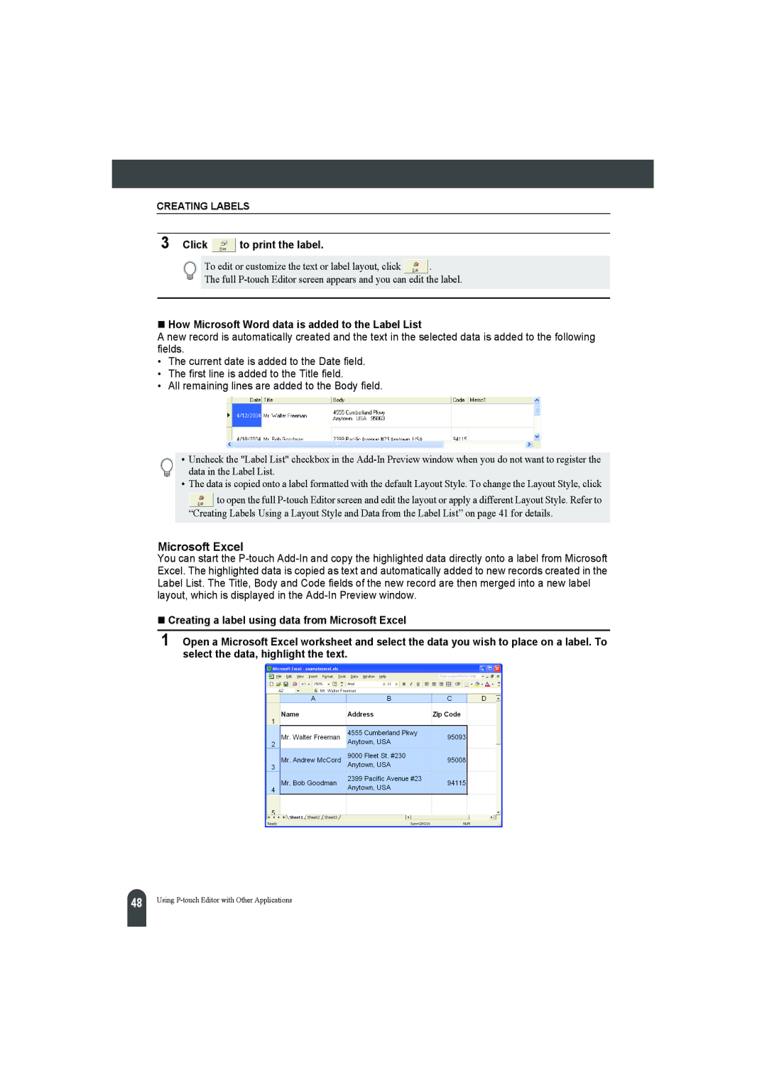 Pitney Bowes LPS-1 manual Microsoft Excel, Click to print the label, „ How Microsoft Word data is added to the Label List 