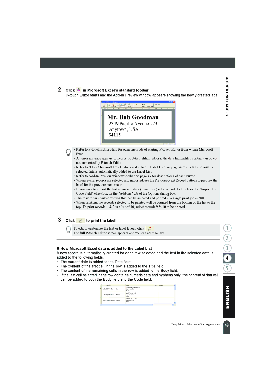 Pitney Bowes LPS-1 Click in Microsoft Excel’s standard toolbar, „ How Microsoft Excel data is added to the Label List 