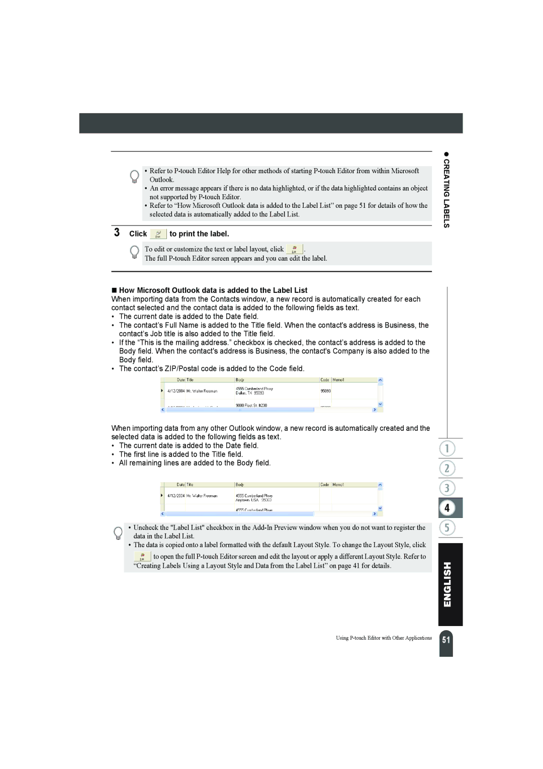 Pitney Bowes LPS-1 manual „ How Microsoft Outlook data is added to the Label List 