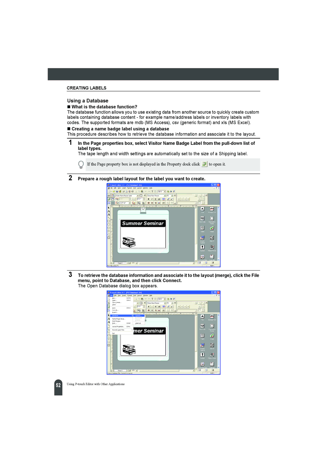 Pitney Bowes LPS-1 Using a Database, „ What is the database function?, „ Creating a name badge label using a database 