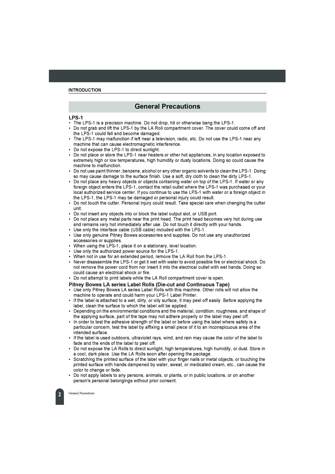 Pitney Bowes LPS-1 manual General Precautions 