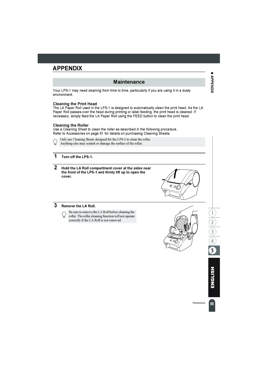 Pitney Bowes LPS-1 manual Maintenance, Cleaning the Print Head, Cleaning the Roller, Appendix 