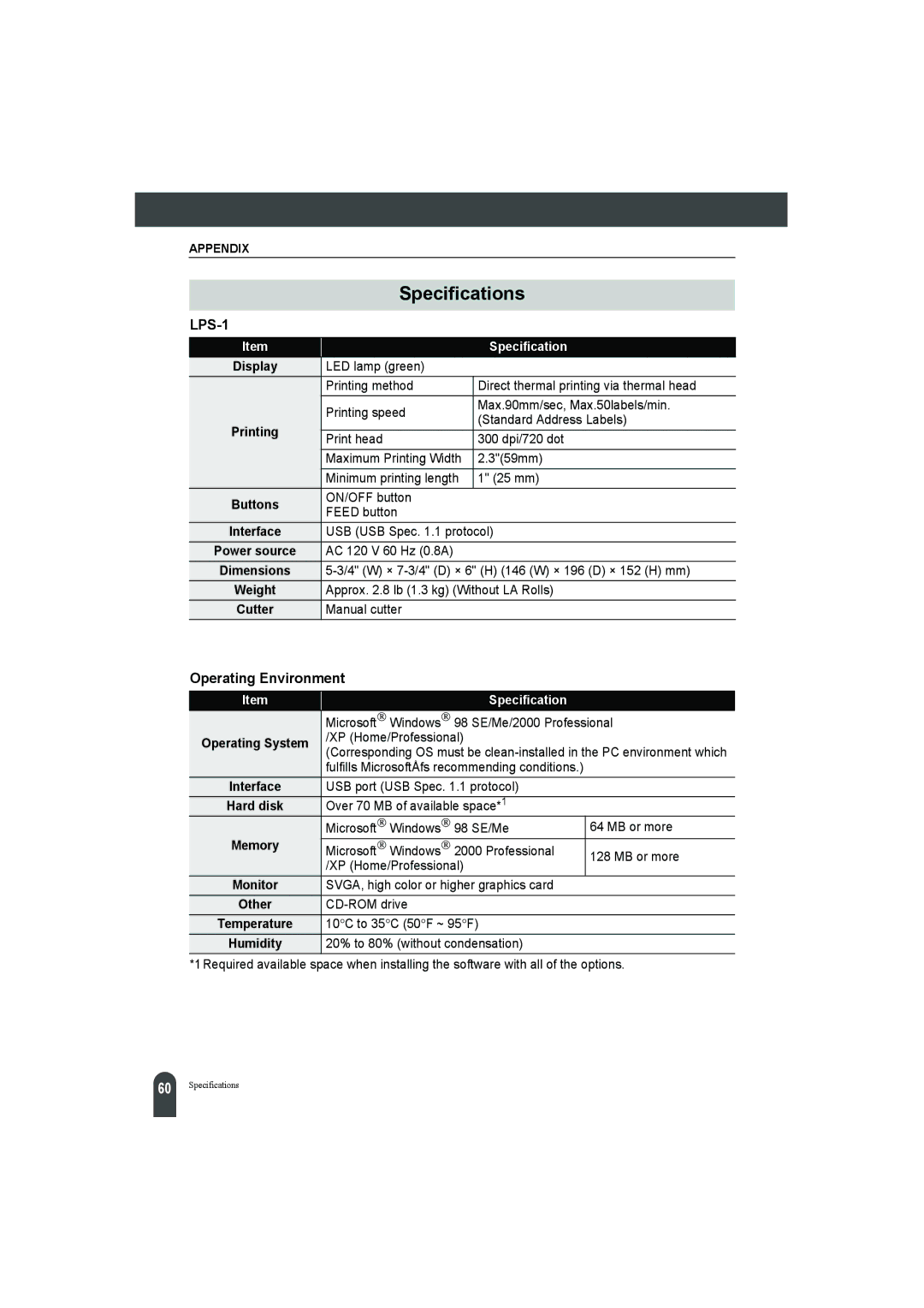 Pitney Bowes LPS-1 manual Specifications, Operating Environment 