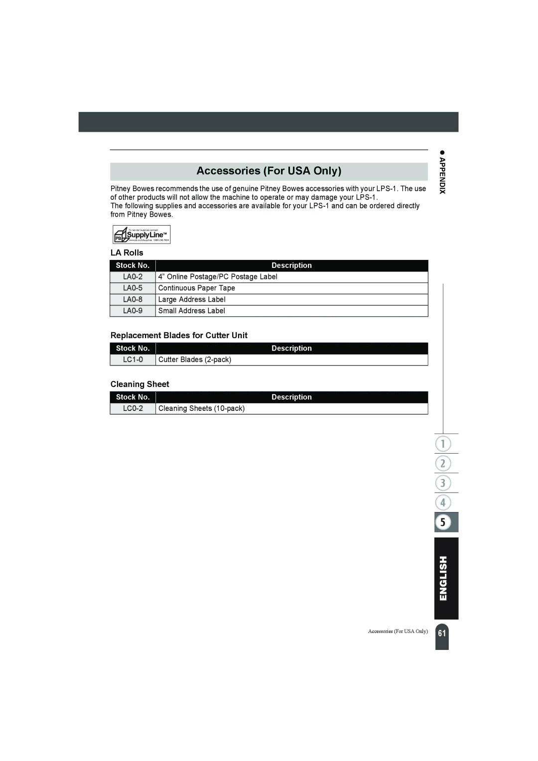 Pitney Bowes LPS-1 manual Accessories For USA Only, LA Rolls, Replacement Blades for Cutter Unit, Cleaning Sheet 