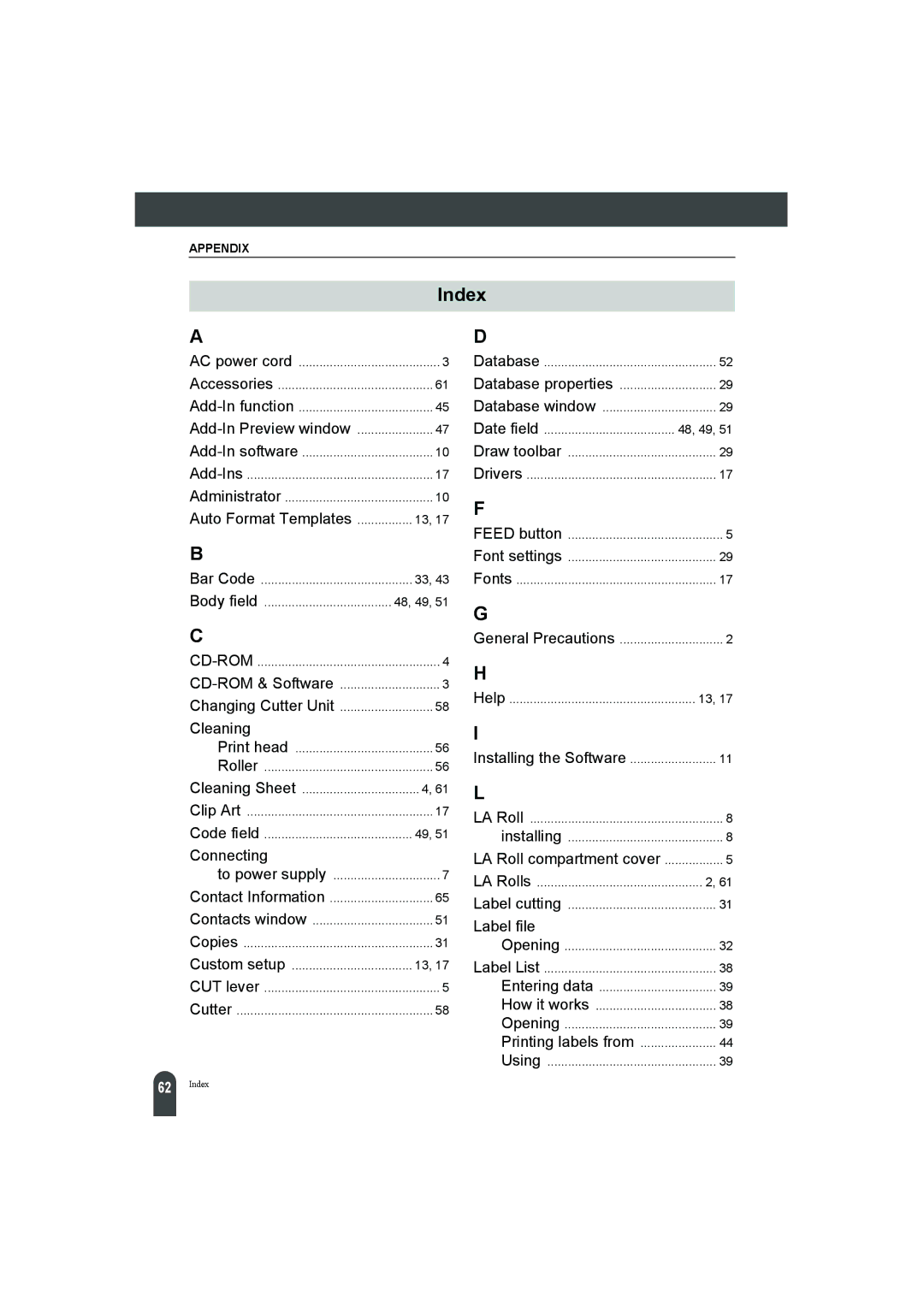 Pitney Bowes LPS-1 manual Index, Auto Format Templates, Body field 48, 49, Date field 