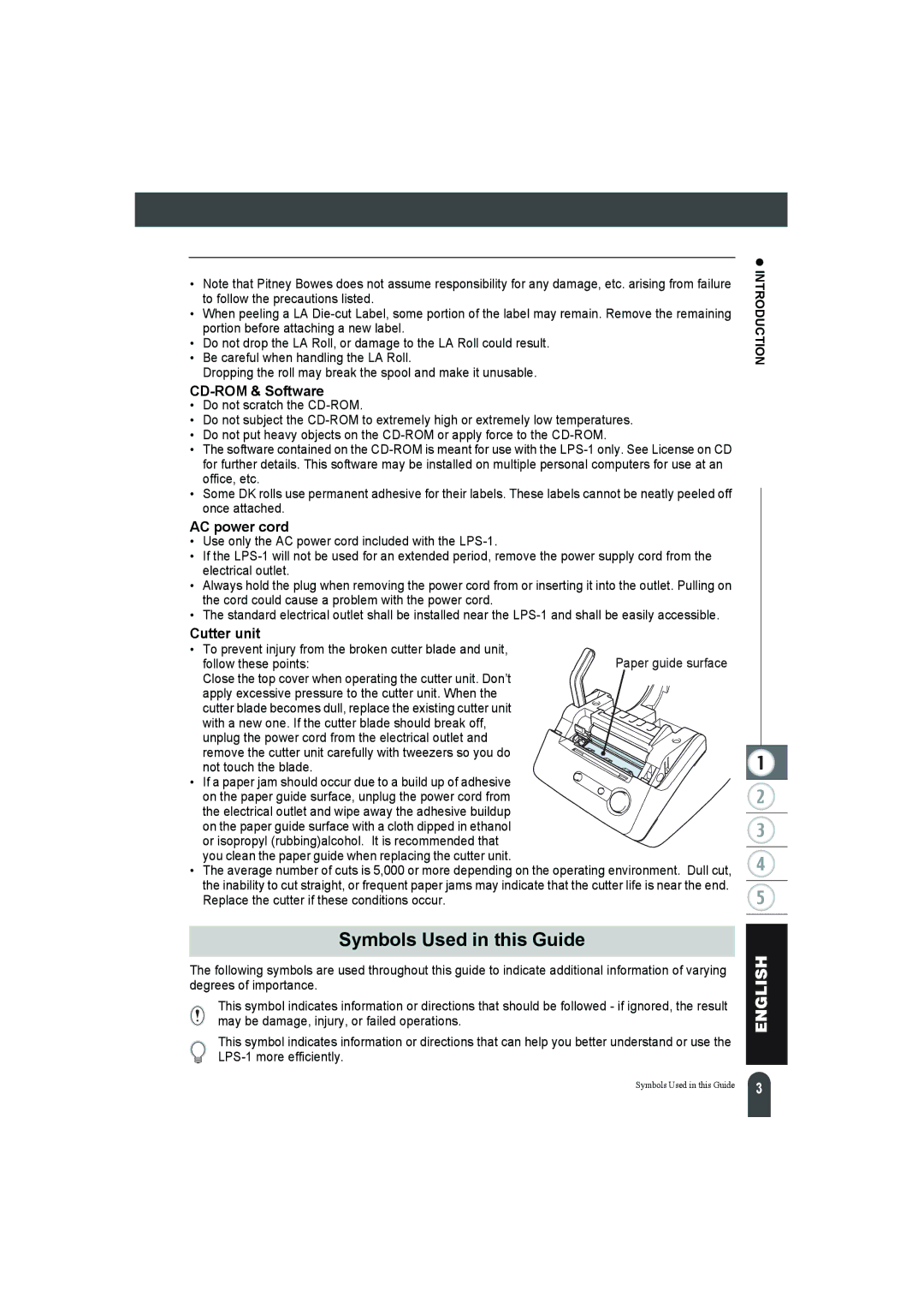 Pitney Bowes LPS-1 manual Symbols Used in this Guide, CD-ROM & Software, AC power cord, Cutter unit 