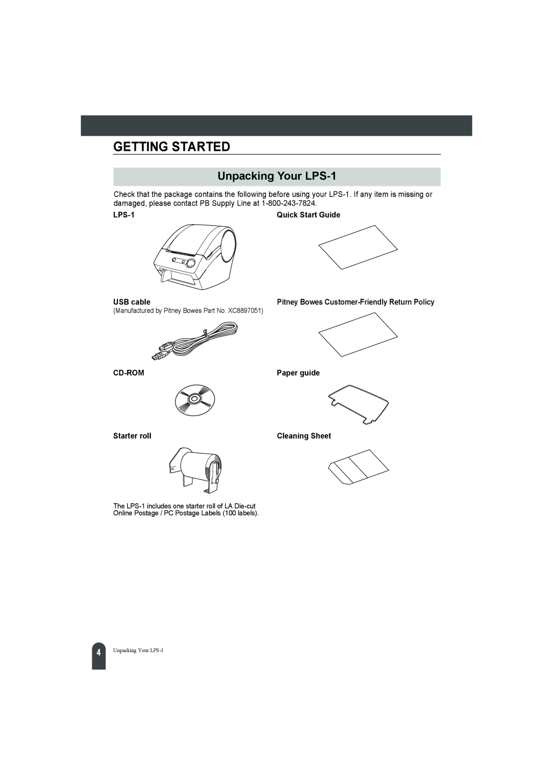 Pitney Bowes manual Unpacking Your LPS-1, USB cable, Starter roll 