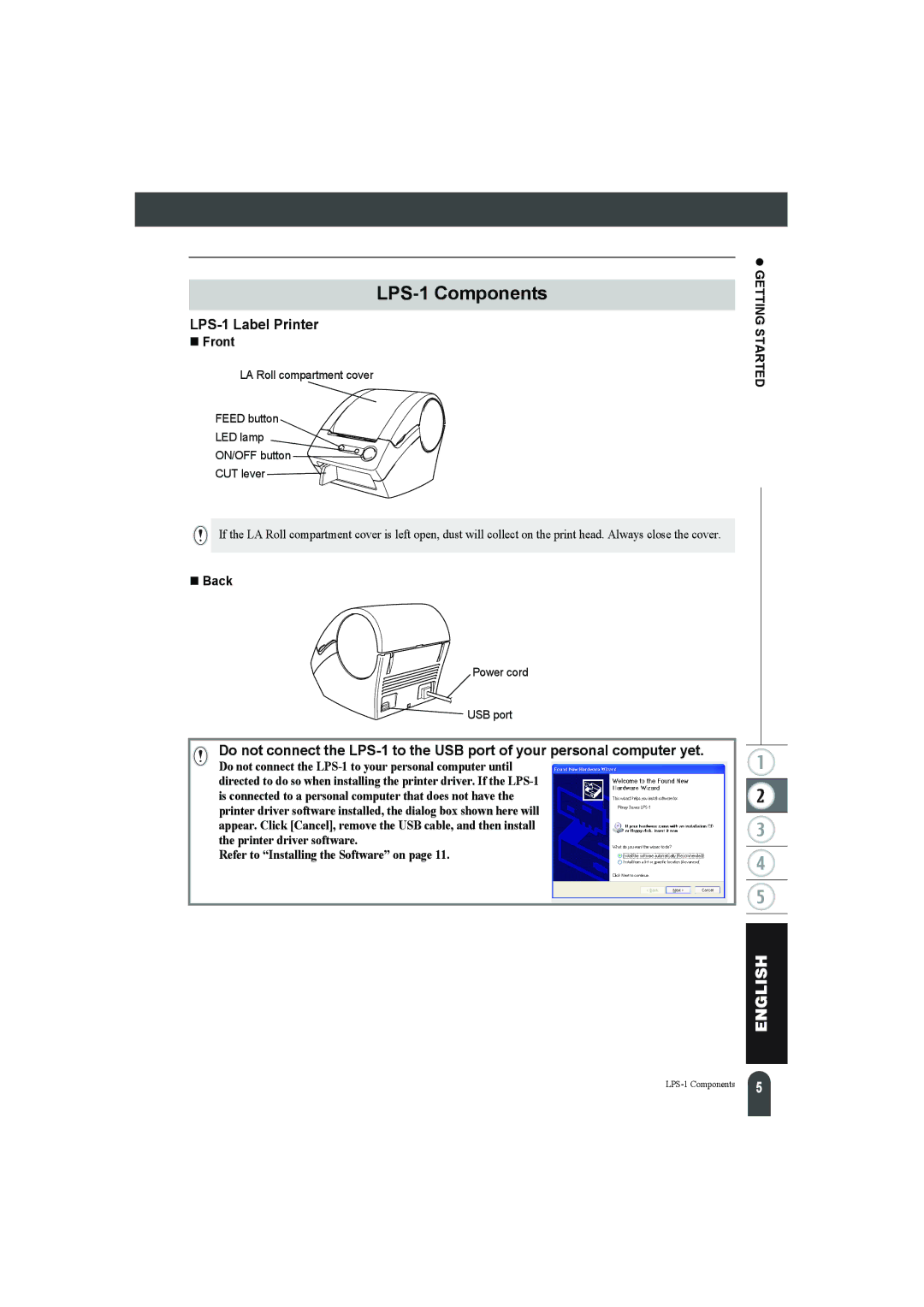 Pitney Bowes manual LPS-1 Components, LPS-1 Label Printer, „ Front, Getting Started, „ Back 