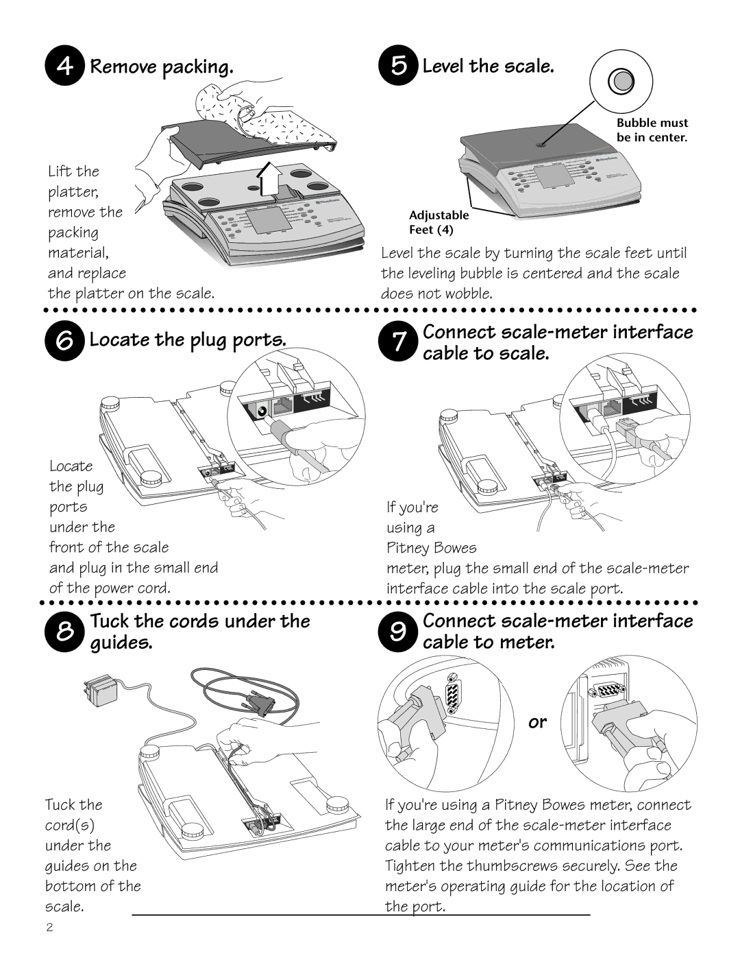 Pitney Bowes N300 Remove packing, Locate the plug ports, Tuck the cords under Guides, Level the scale 