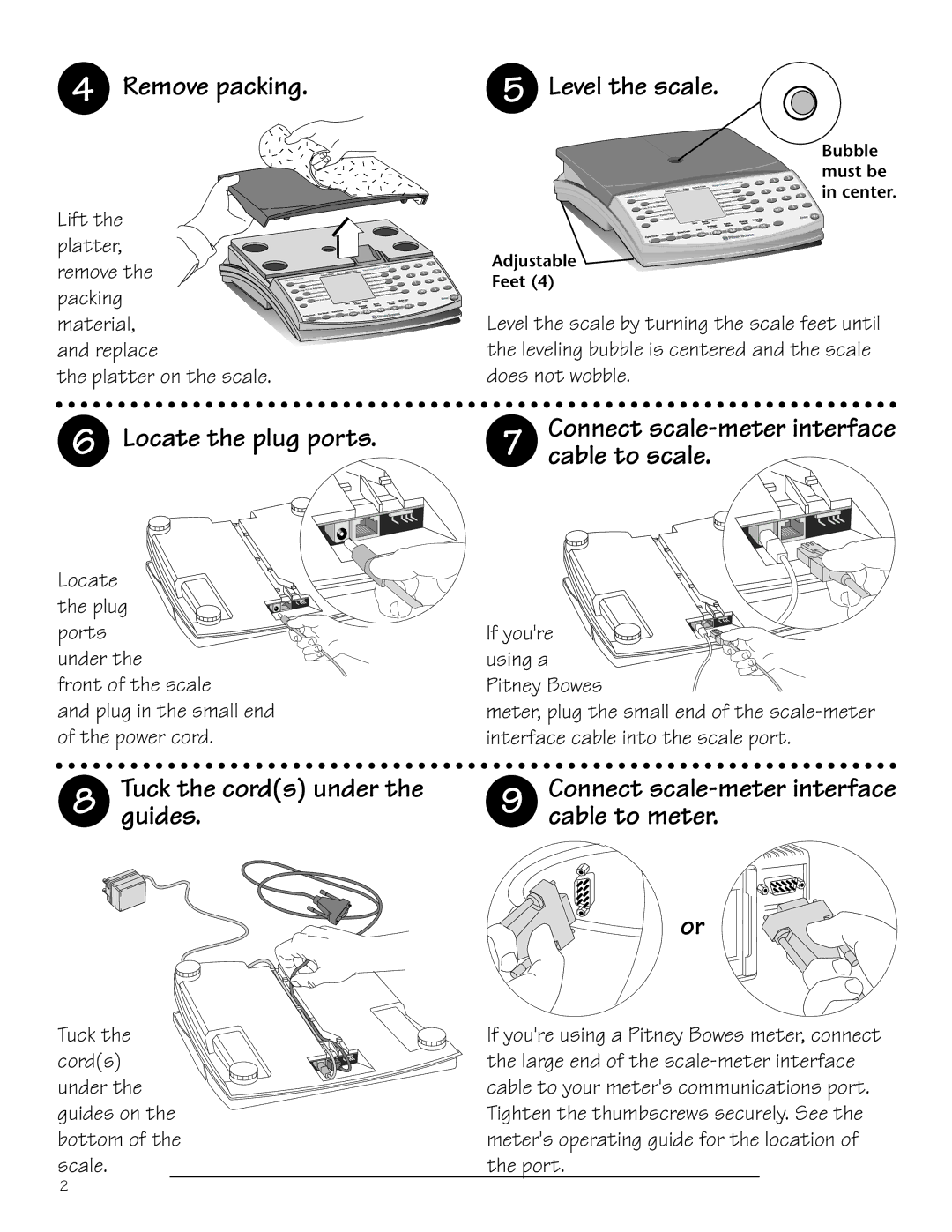 Pitney Bowes N400 Remove packing, Locate the plug ports, Tuck the cords under Guides, Level the scale, Cable to scale 