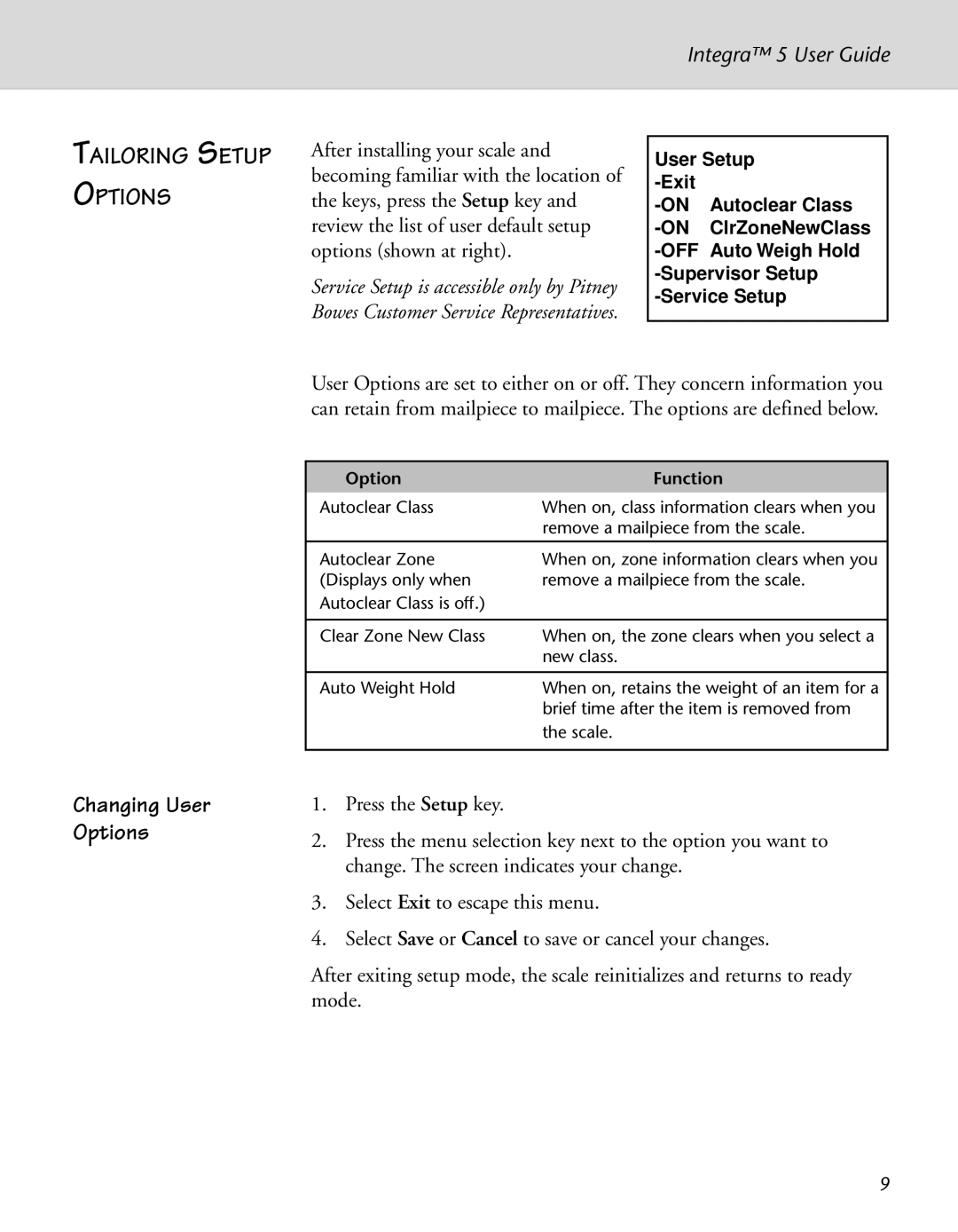 Pitney Bowes N500 manual Tailoring Setup Options, Changing User Options 