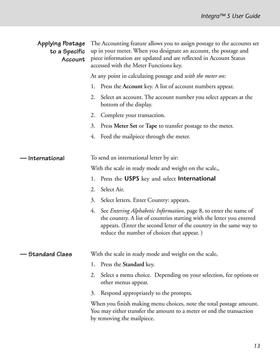 Pitney Bowes N500 manual To a Specific Account International Standard Class 