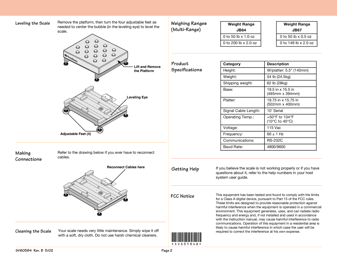 Pitney Bowes SV60584 Making, Connections, Weighing Ranges, Multi-Range, Product, Specifications, Getting Help, FCC Notice 