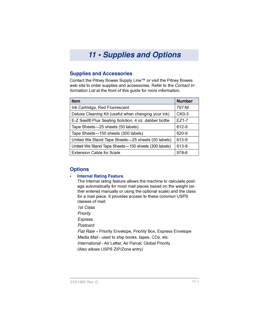 Pitney Bowes SV61983 manual Supplies and Options, Supplies and Accessories, Number 