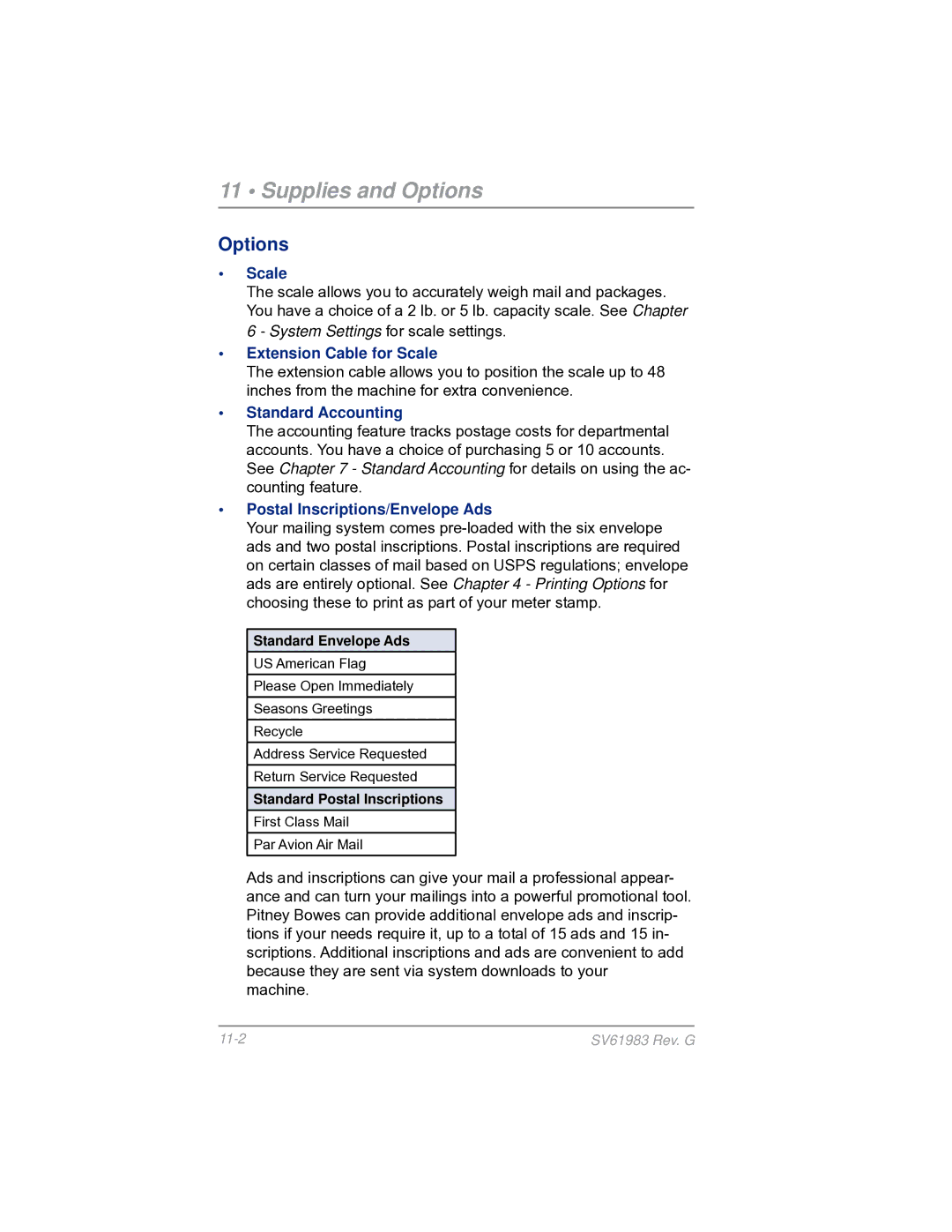 Pitney Bowes SV61983 manual Supplies and Options, Scale 