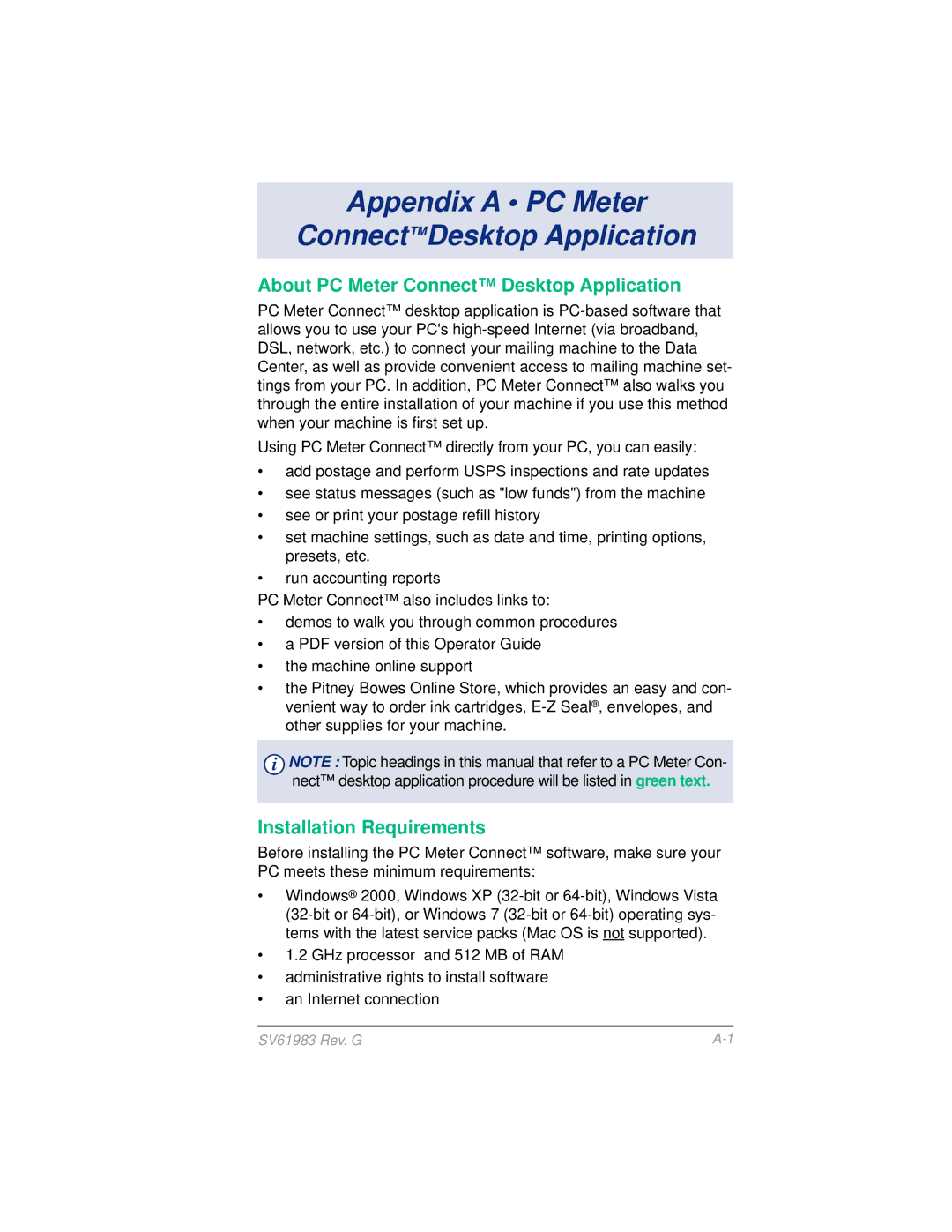 Pitney Bowes SV61983 manual Appendix a PC Meter ConnectDesktop Application, Installation Requirements 