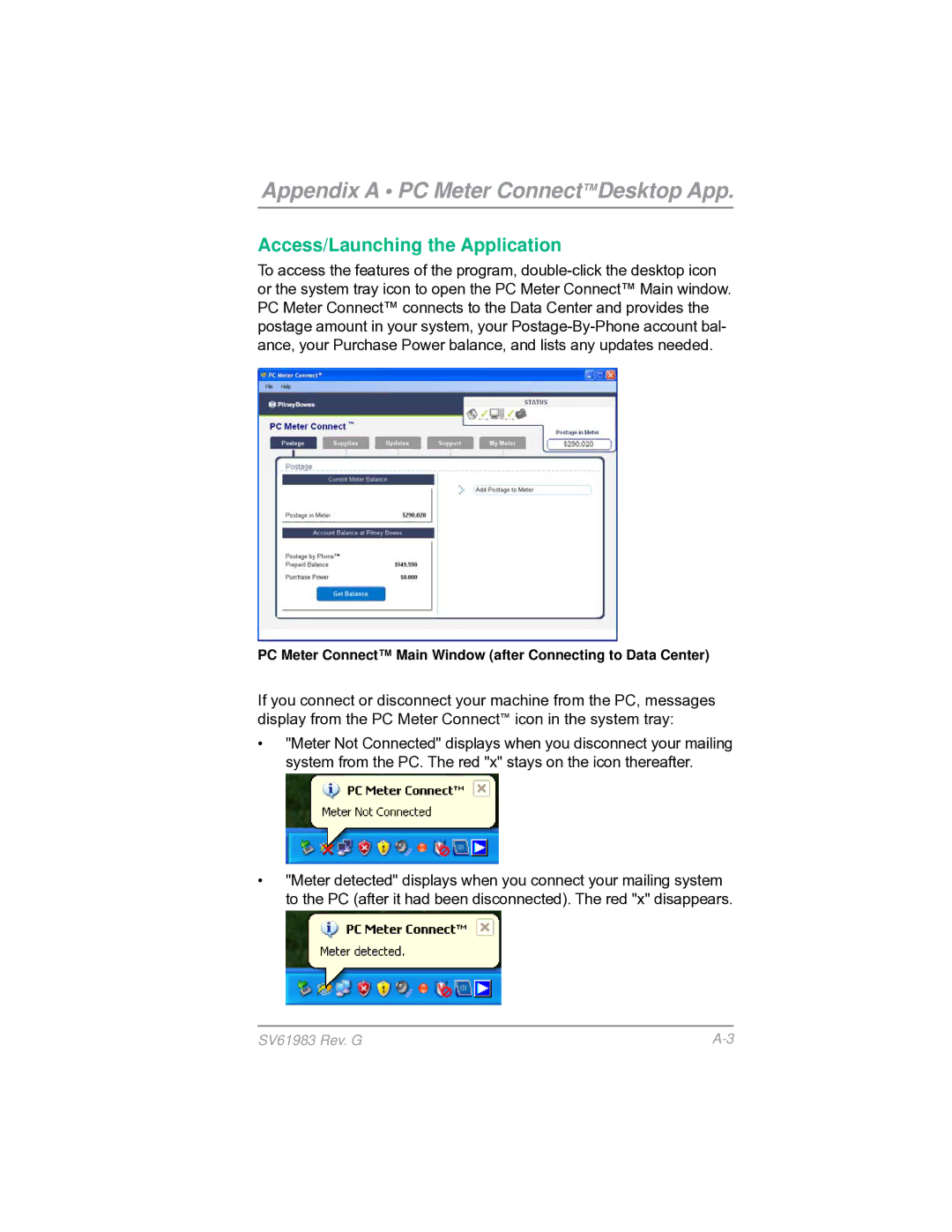 Pitney Bowes SV61983 manual PC Meter Connect Main Window after Connecting to Data Center 