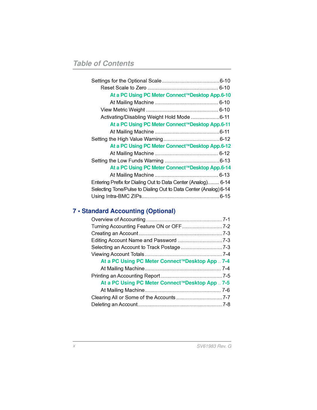 Pitney Bowes SV61983 manual Standard Accounting Optional, At a PC Using PC Meter Connect Desktop App.6-14 