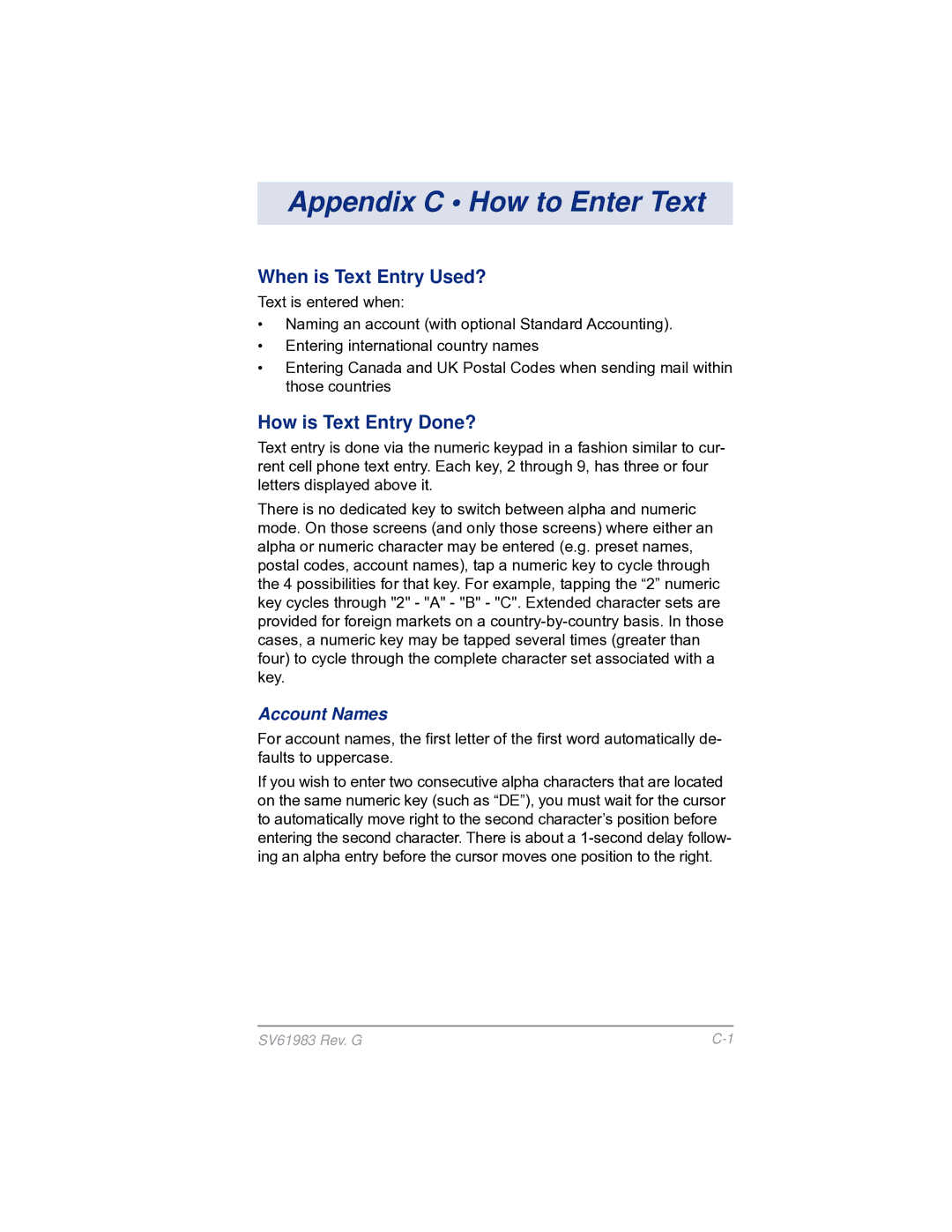 Pitney Bowes SV61983 manual Appendix C How to Enter Text, When is Text Entry Used?, How is Text Entry Done?, Account Names 