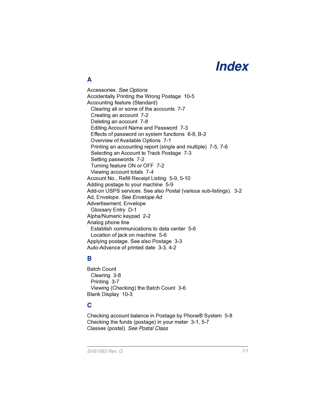 Pitney Bowes SV61983 manual Index 