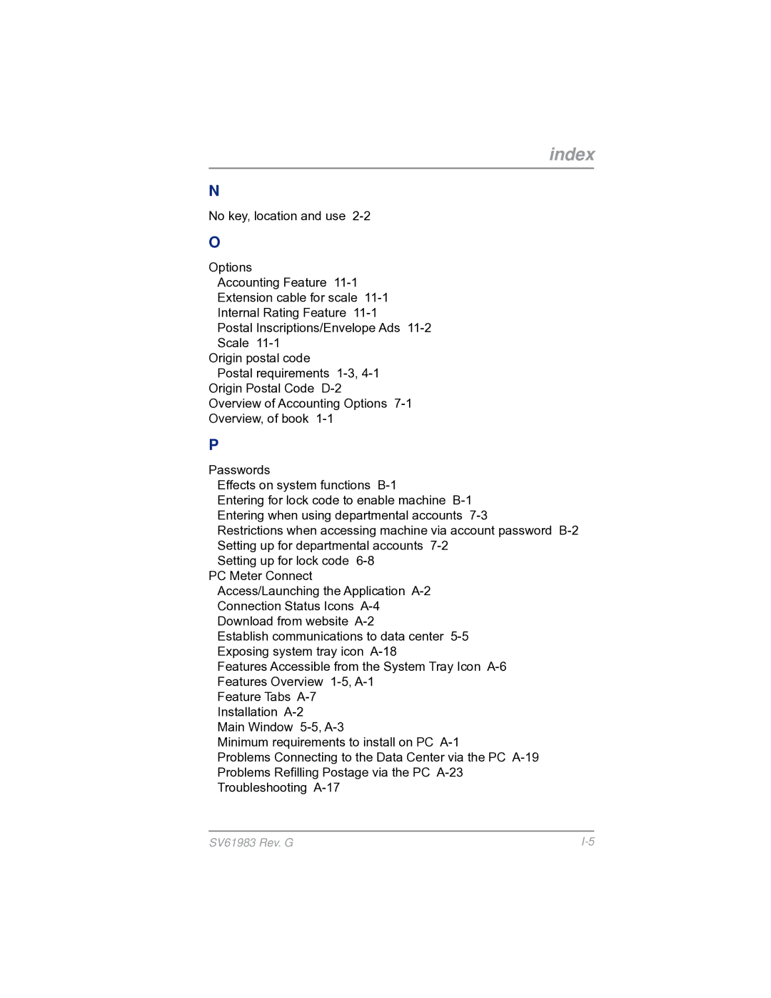 Pitney Bowes SV61983 manual Index 