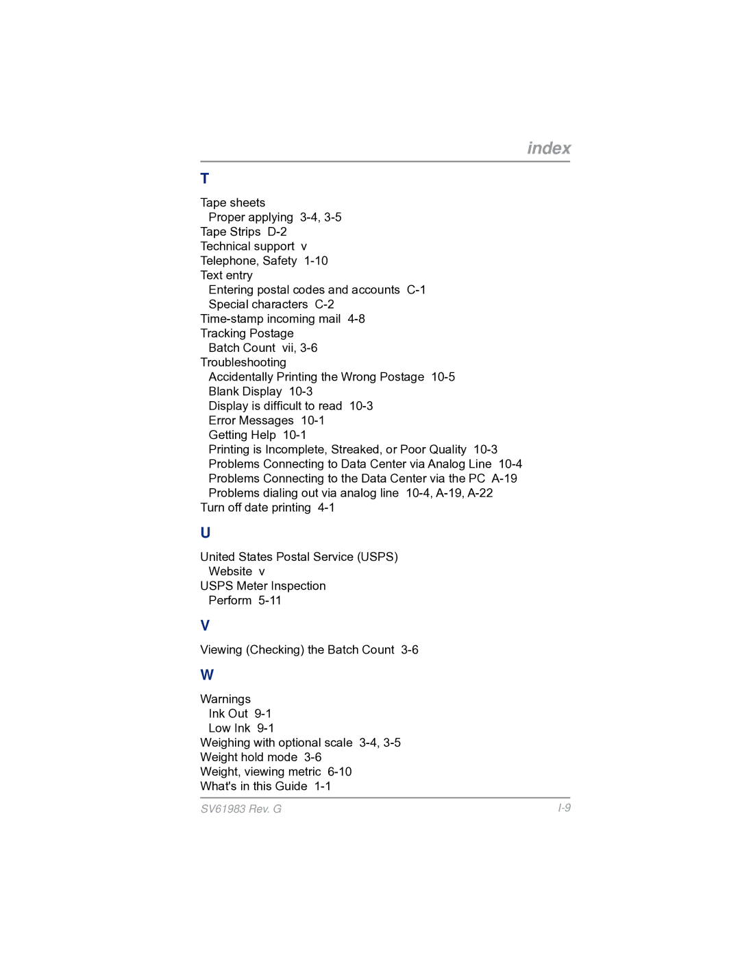 Pitney Bowes SV61983 manual Index 