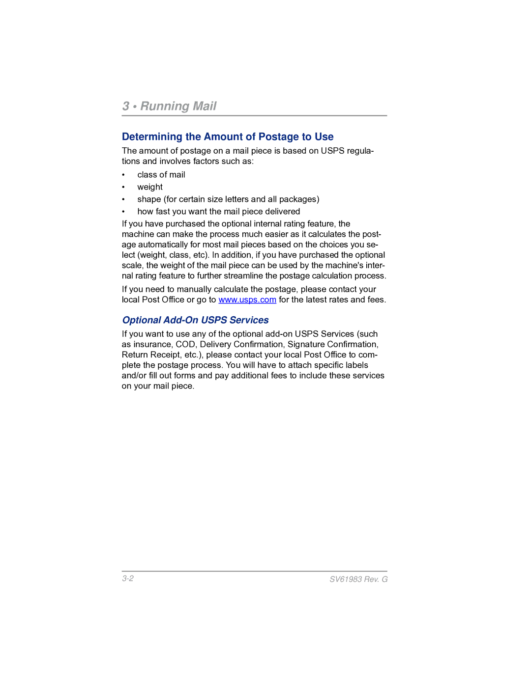 Pitney Bowes SV61983 manual Running Mail, Determining the Amount of Postage to Use, Optional Add-On Usps Services 