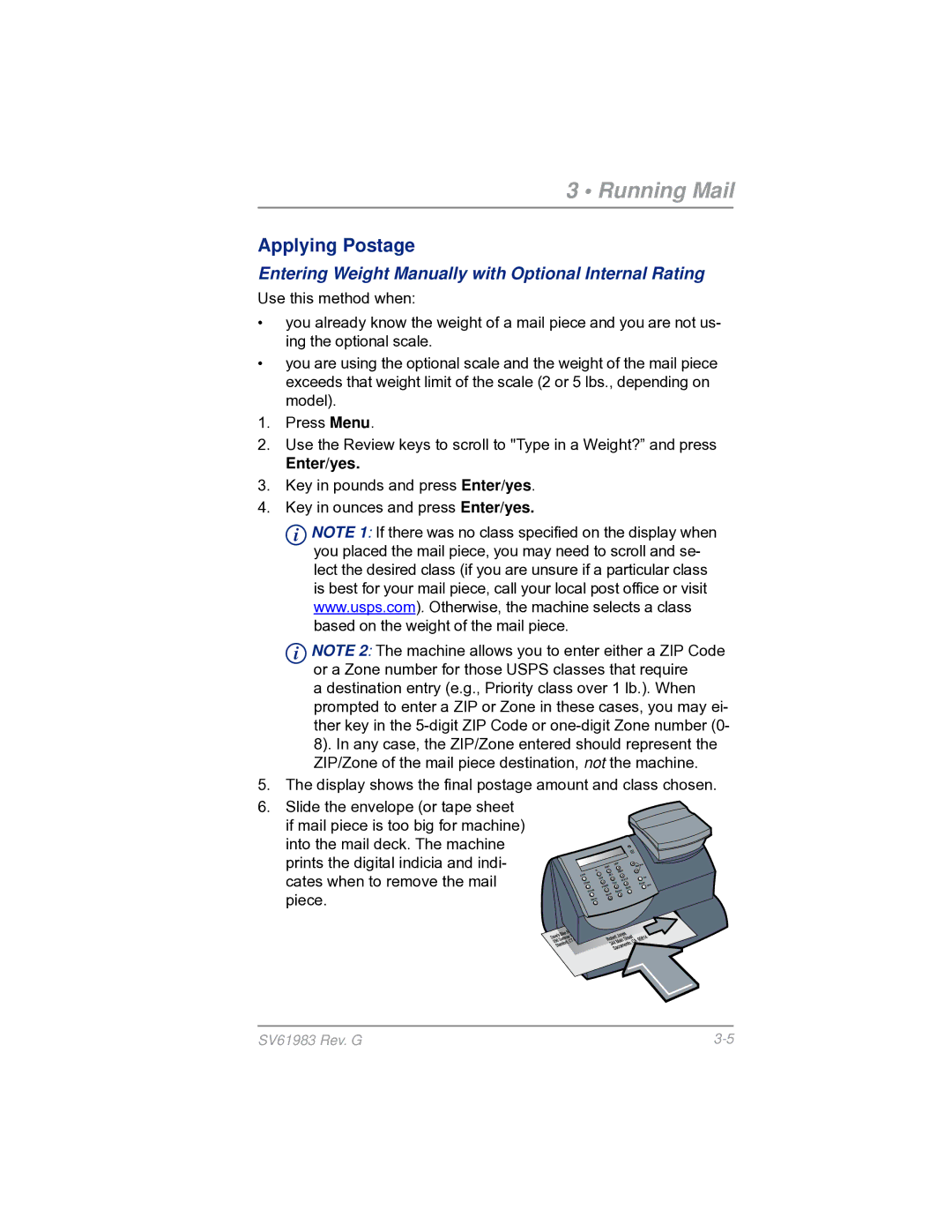 Pitney Bowes SV61983 manual Entering Weight Manually with Optional Internal Rating, Enter/yes 