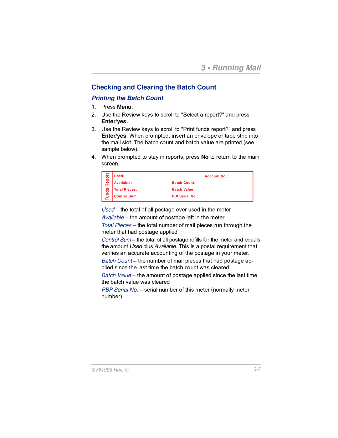 Pitney Bowes SV61983 manual Printing the Batch Count 