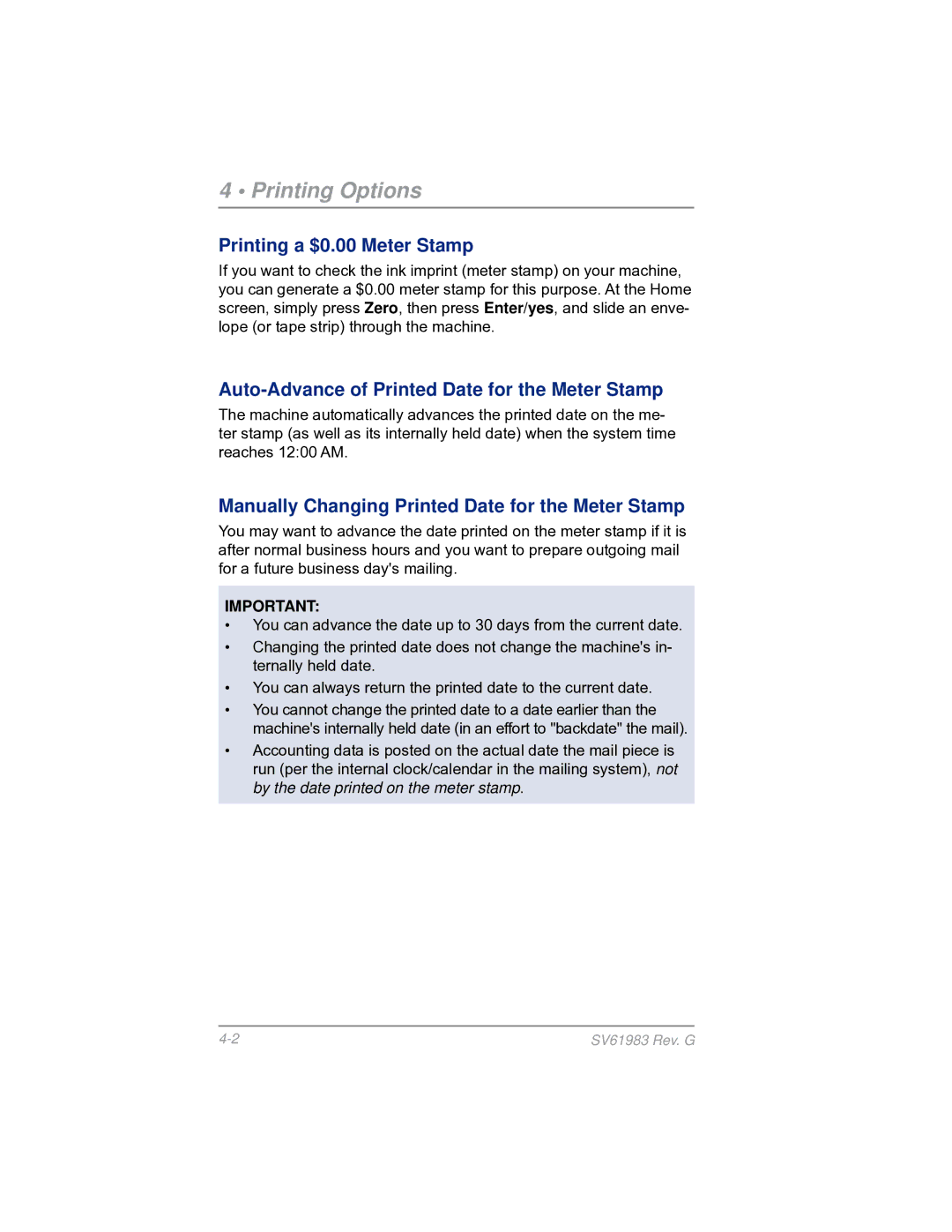 Pitney Bowes SV61983 Printing Options, Printing a $0.00 Meter Stamp, Auto-Advance of Printed Date for the Meter Stamp 