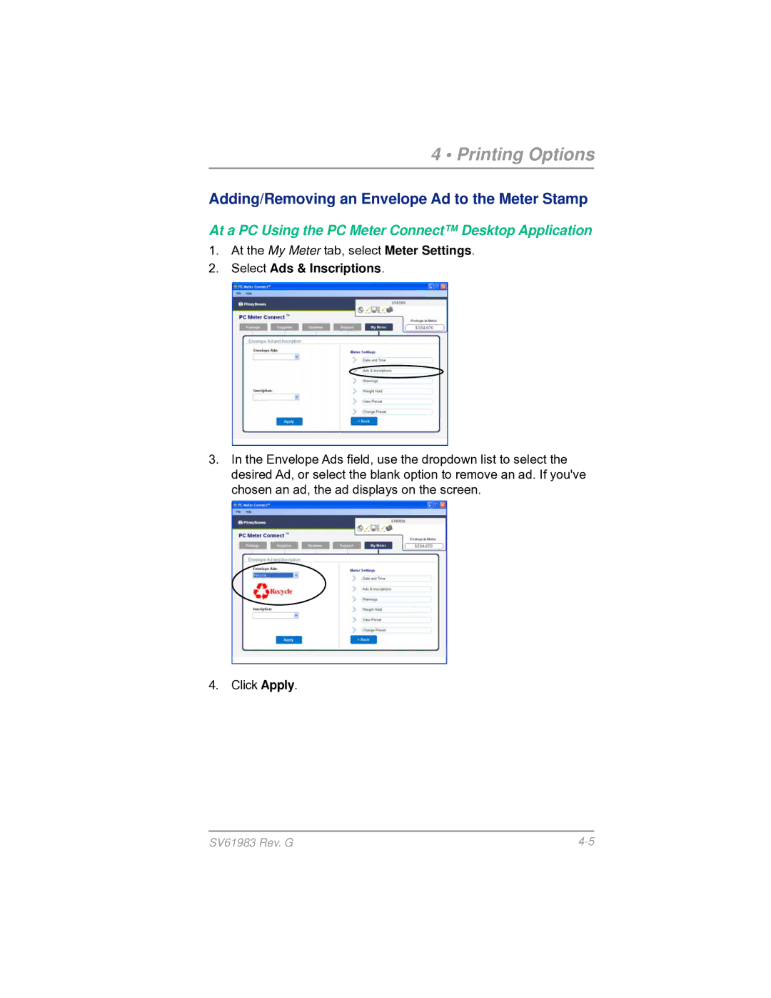 Pitney Bowes SV61983 manual Adding/Removing an Envelope Ad to the Meter Stamp, Select Ads & Inscriptions 