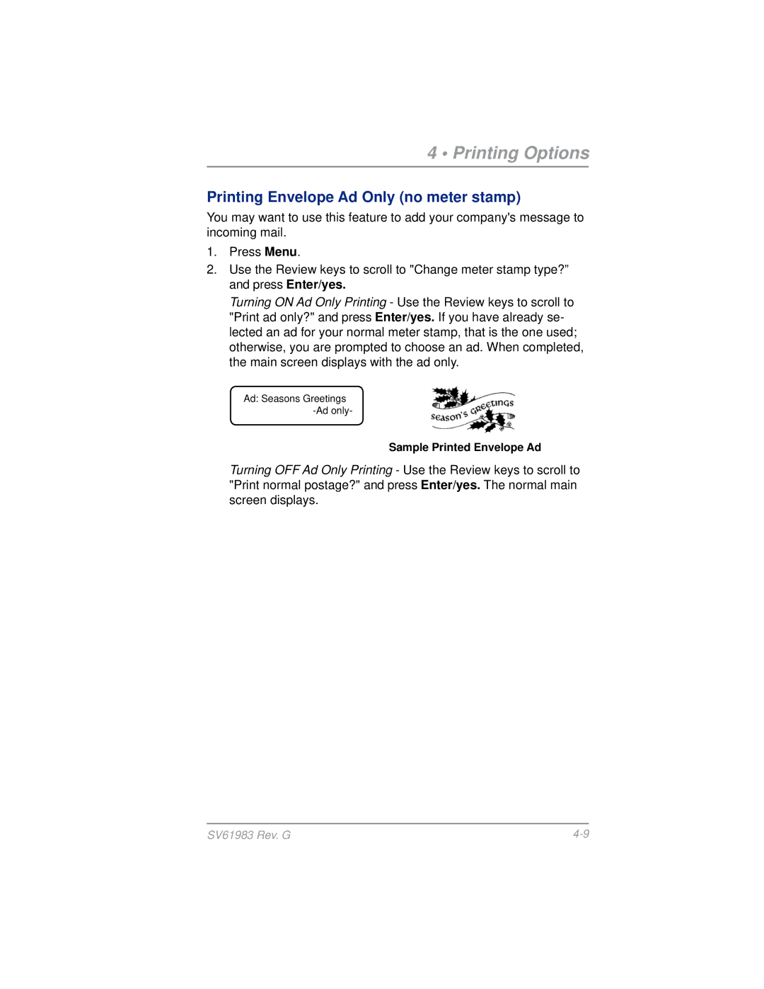 Pitney Bowes SV61983 manual Printing Envelope Ad Only no meter stamp 