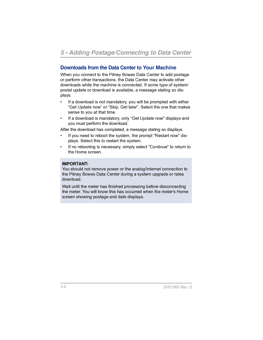 Pitney Bowes SV61983 manual Adding Postage/Connecting to Data Center, Downloads from the Data Center to Your Machine 