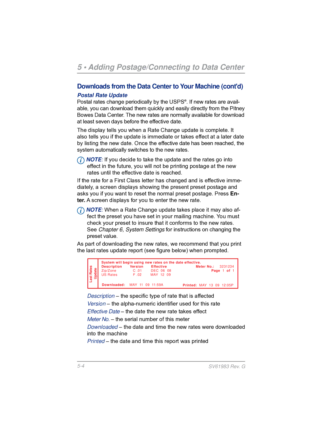 Pitney Bowes SV61983 manual Postal Rate Update 