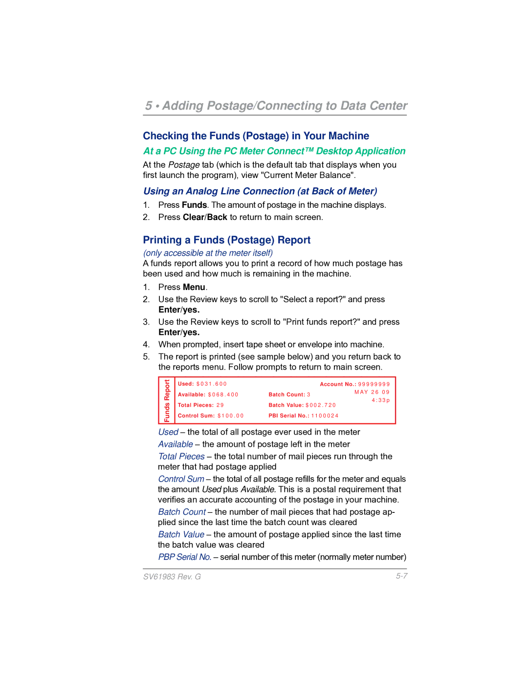Pitney Bowes SV61983 manual Printing a Funds Postage Report, Using an Analog Line Connection at Back of Meter 