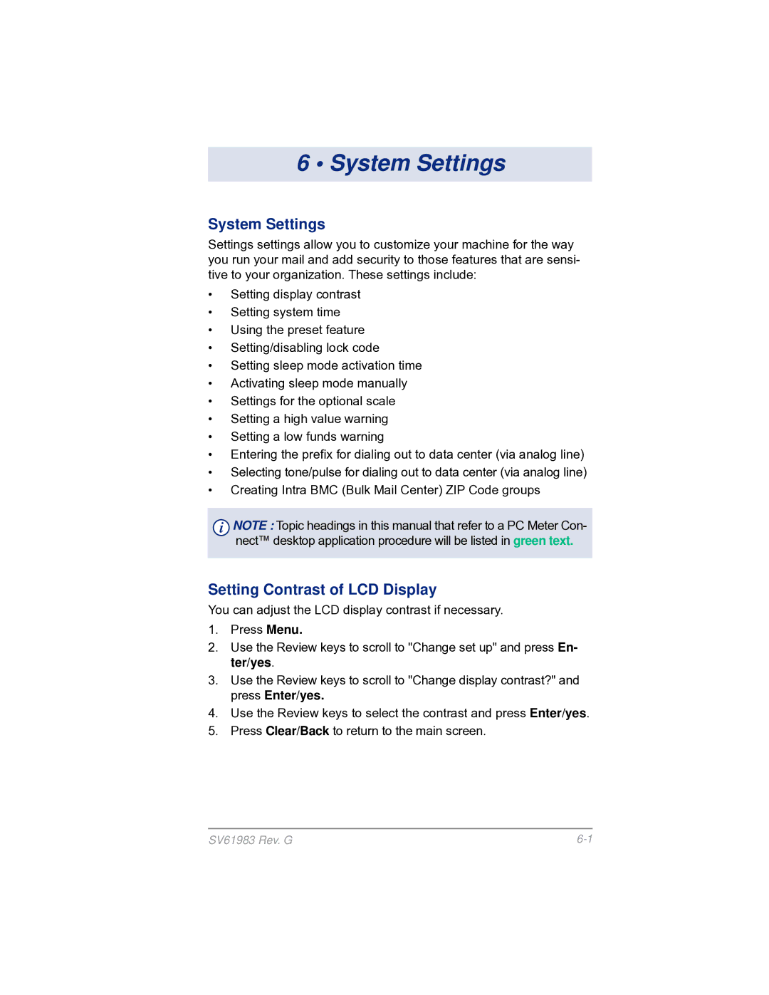 Pitney Bowes SV61983 manual System Settings, Setting Contrast of LCD Display 