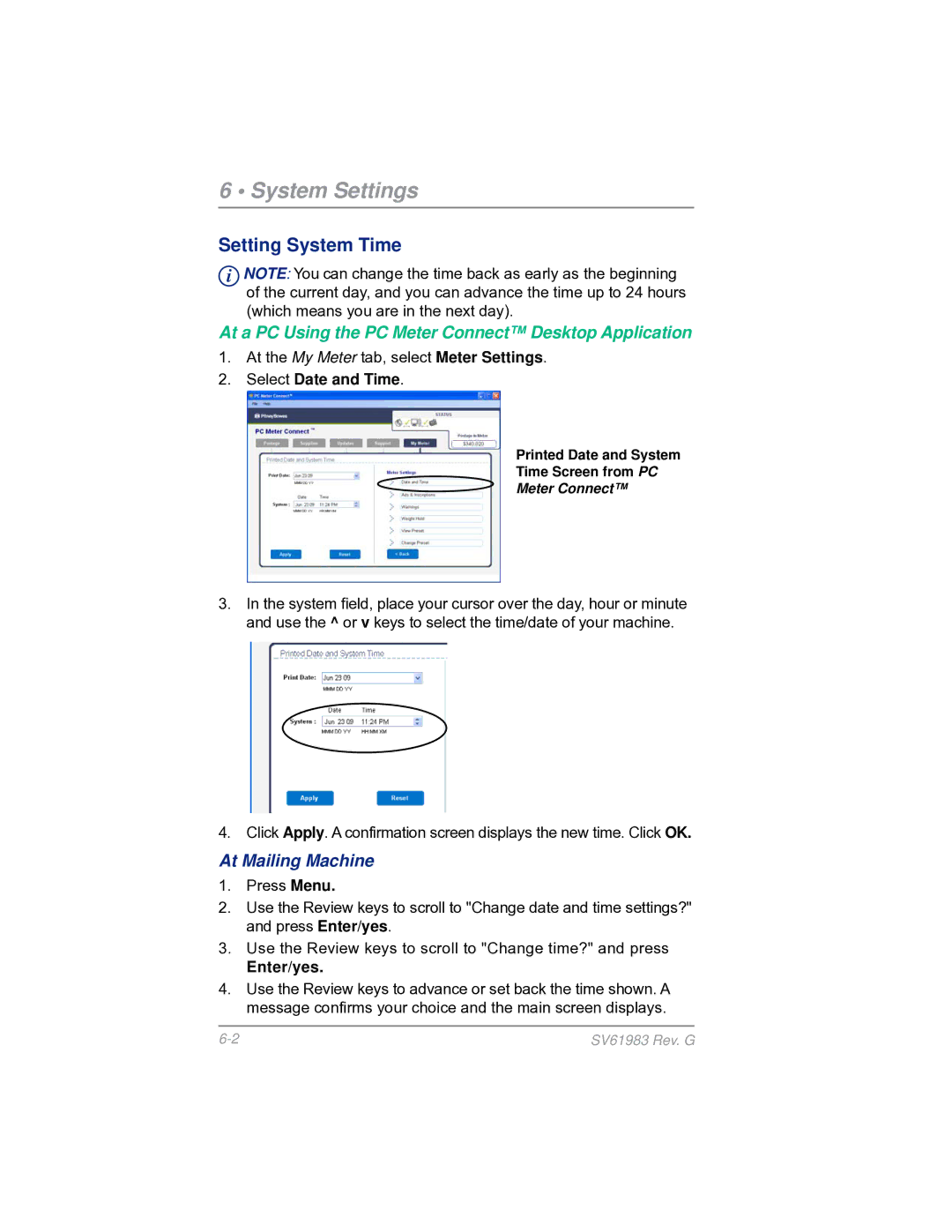 Pitney Bowes SV61983 manual System Settings, Setting System Time 