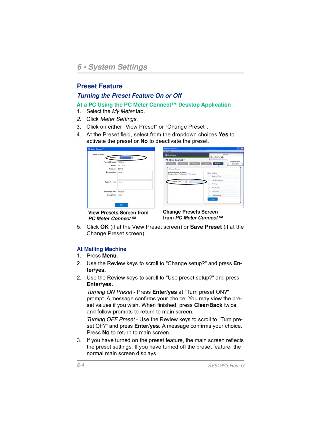 Pitney Bowes SV61983 manual Turning the Preset Feature On or Off, At a PC Using the PC Meter Connect Desktop Application 