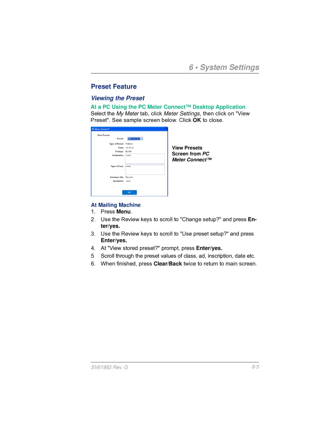 Pitney Bowes SV61983 manual Viewing the Preset 