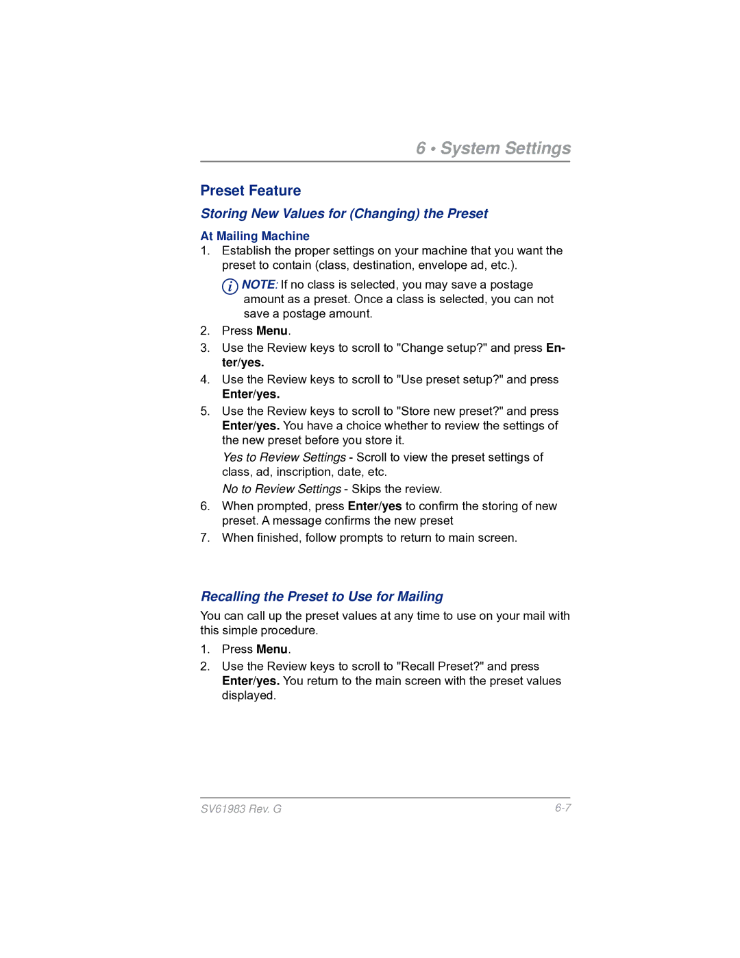 Pitney Bowes SV61983 manual Recalling the Preset to Use for Mailing, No to Review Settings Skips the review 