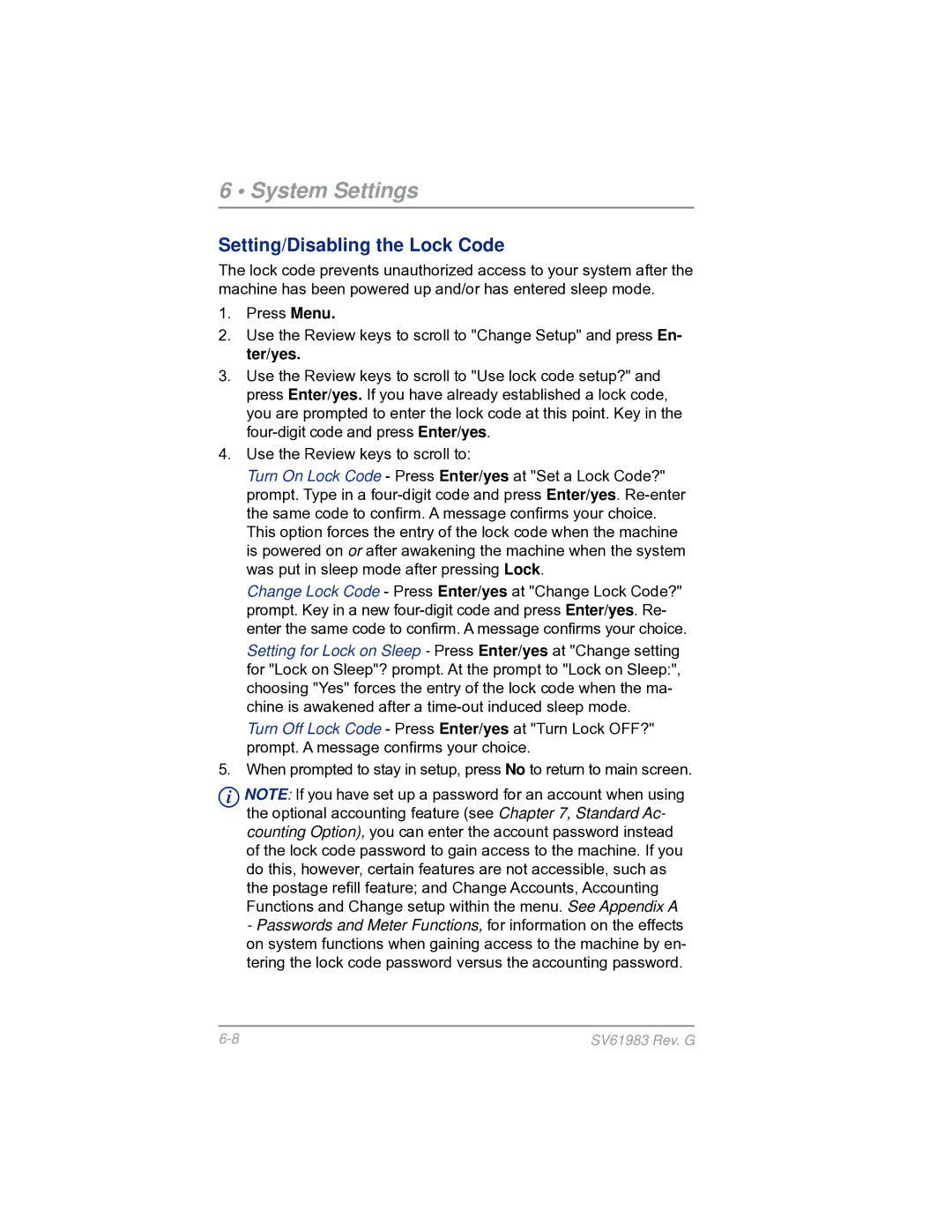 Pitney Bowes SV61983 manual Setting/Disabling the Lock Code 