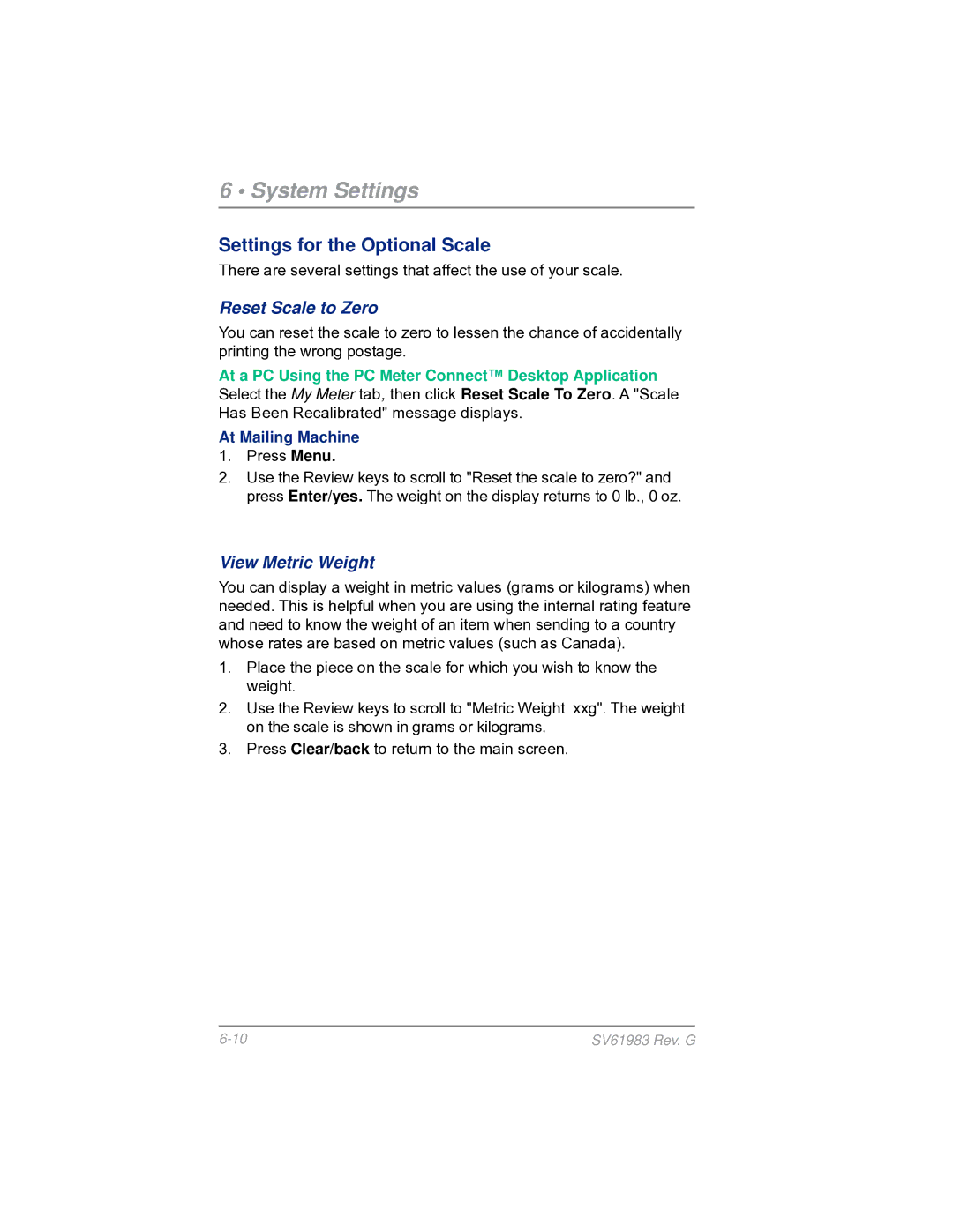 Pitney Bowes SV61983 manual Settings for the Optional Scale, Reset Scale to Zero, View Metric Weight 