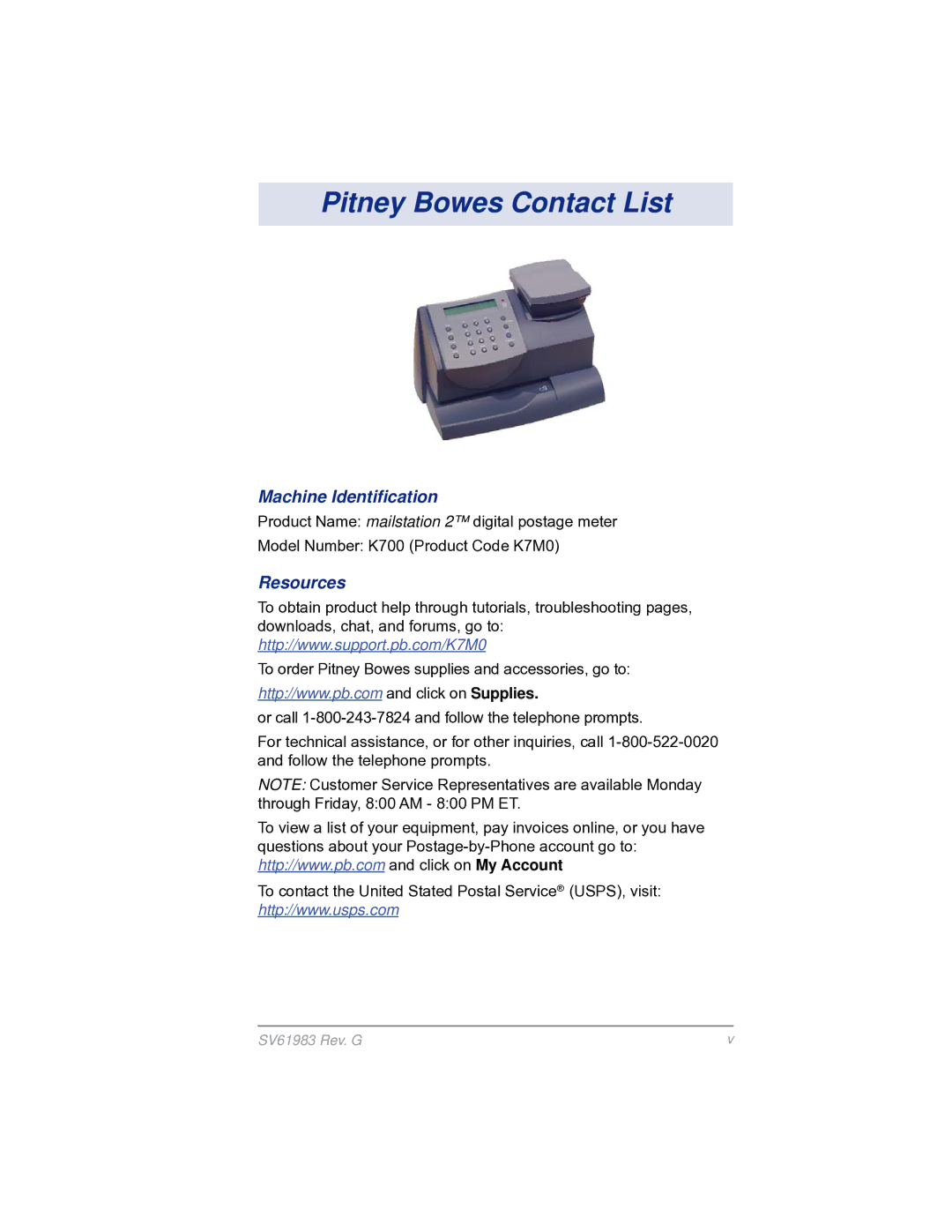 Pitney Bowes SV61983 manual Pitney Bowes Contact List, Machine Identification, Resources 