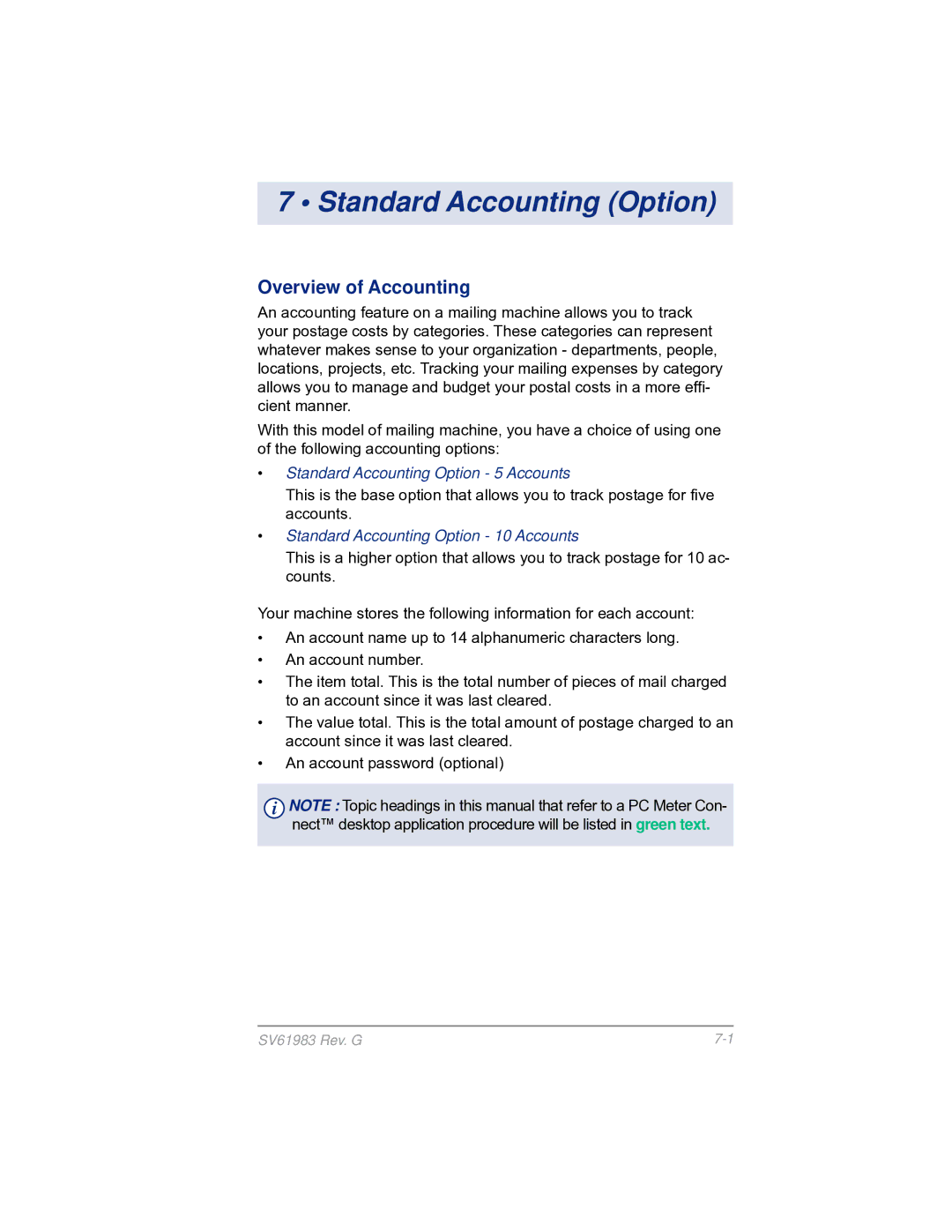 Pitney Bowes SV61983 manual Standard Accounting Option, Overview of Accounting 